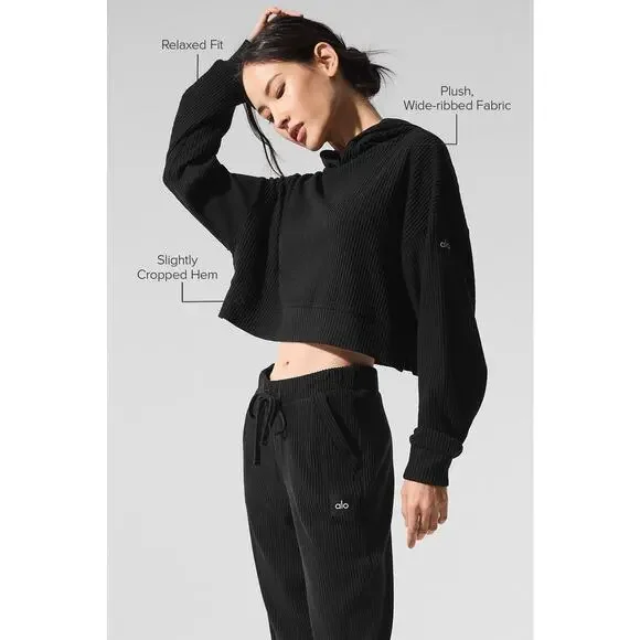 Alo Yoga Muse Hoodie Black Cropped Ribbed Lounge Sweatshirt XS Soft Plush Studio